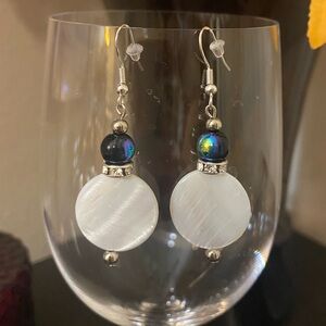 New! Aurora Borealis Glass and Mother of Pearl Dangle Earrings